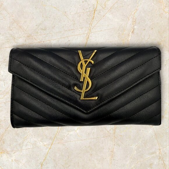 YSL Navy Monogram Flap Wallet in Grained Leather - Picture 1 of 9